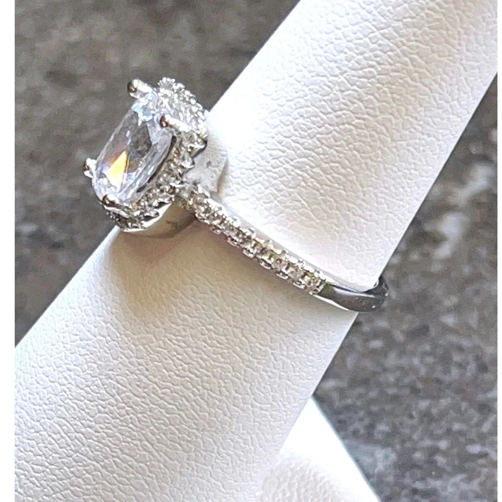 Sterling Silver Cushion-Cut Halo CZ Engagement Ring -Size 6 -7g‎